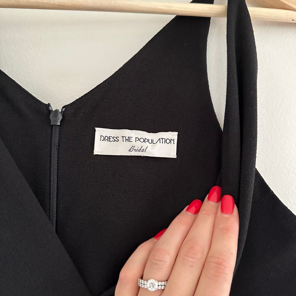 Dress The Population Iris Crepe Plunge V-Neck High Slit Sleeveless Gown Black 6 - Picture 7 of 12